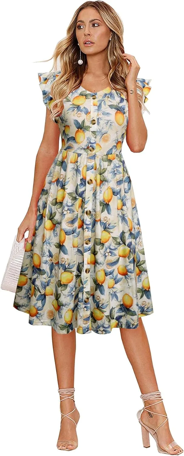Lamilus Women's Casual Summer Dresses 2025 Ruffle Sleeves V-Neck Button Down Midi Swing Party Dress