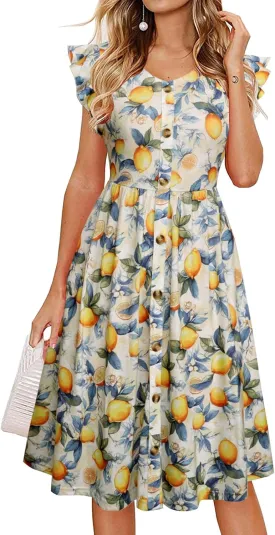 Lamilus Women's Casual Summer Dresses 2025 Ruffle Sleeves V-Neck Button Down Midi Swing Party Dress