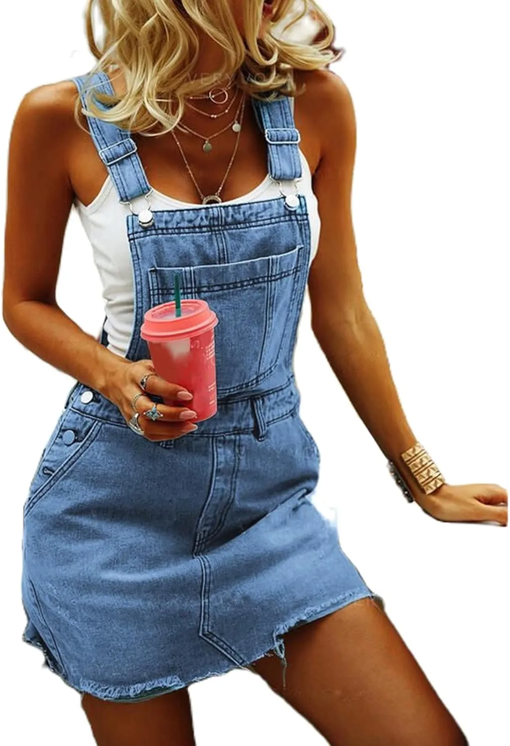 lisenraIn Denim Overall Dress for Women Casual Adjustable Strap Bib Dress Summer Independence Day Dress with Pockets