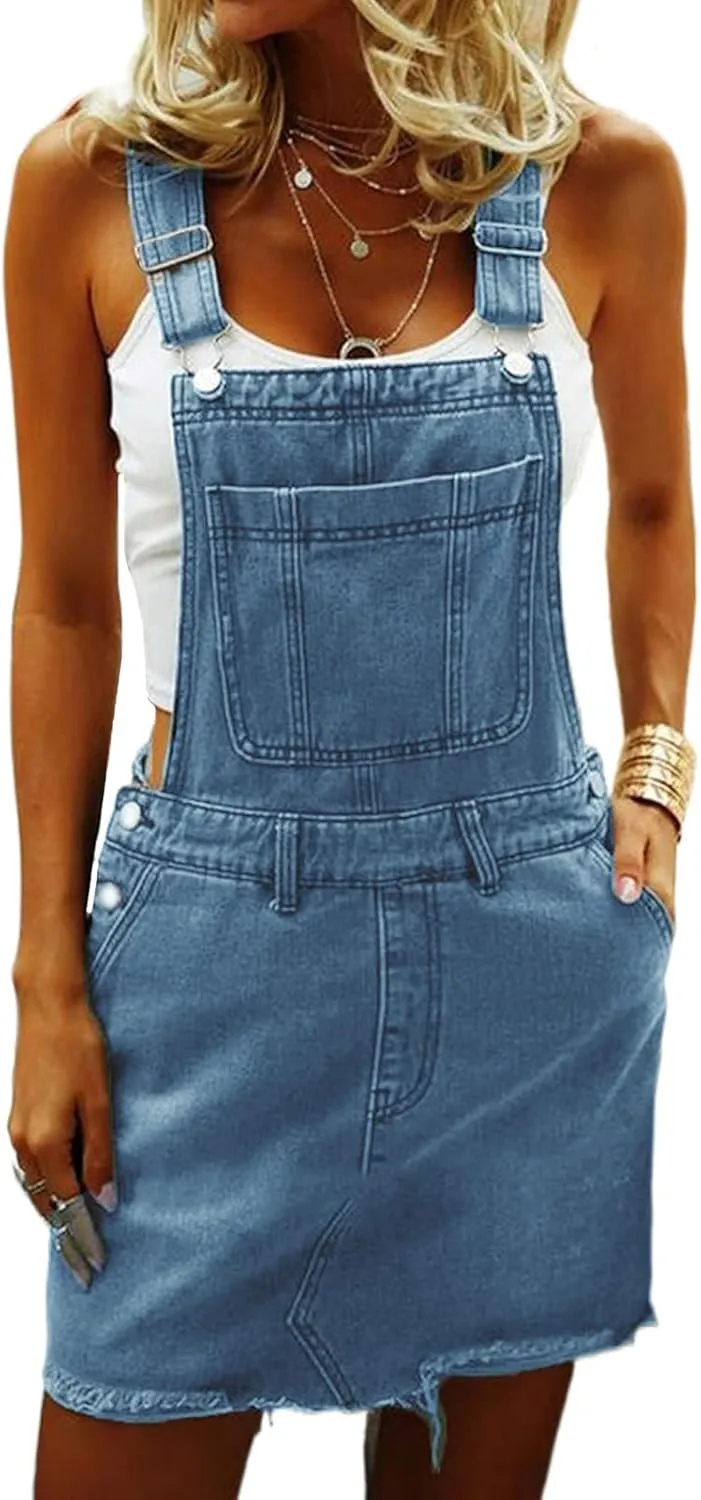 lisenraIn Denim Overall Dress for Women Casual Adjustable Strap Bib Dress Summer Independence Day Dress with Pockets