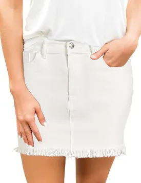 luvamia Women's Casual Mid Waisted Washed Frayed Pockets Denim Jean Short Skirt
