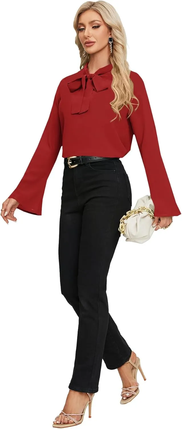 LYANER Women's Elegant Bow Tie Mock Neck Bell Long Sleeve Blouse Shirts Top