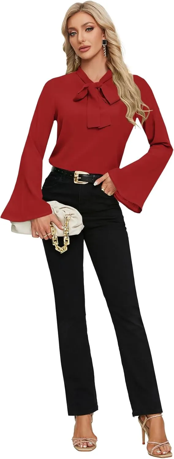 LYANER Women's Elegant Bow Tie Mock Neck Bell Long Sleeve Blouse Shirts Top