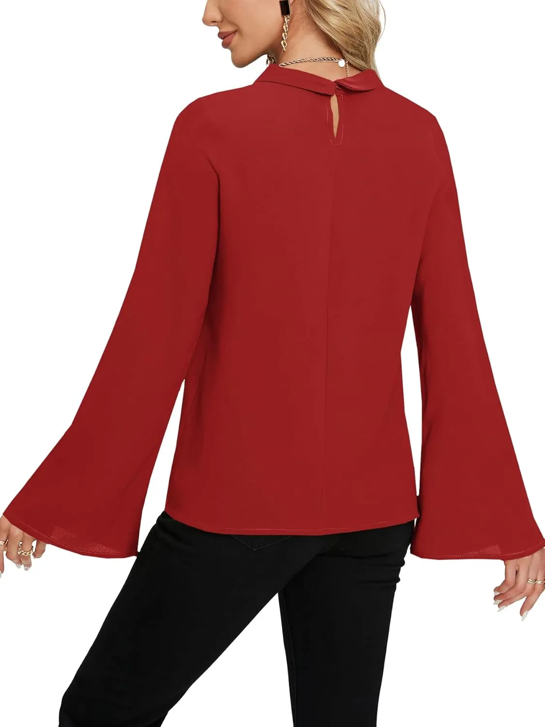 LYANER Women's Elegant Bow Tie Mock Neck Bell Long Sleeve Blouse Shirts Top