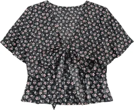 LYANER Women's Floral Print V Neck Tie Knot Ruffle Hem Short Sleeve Blouse Peplum Top