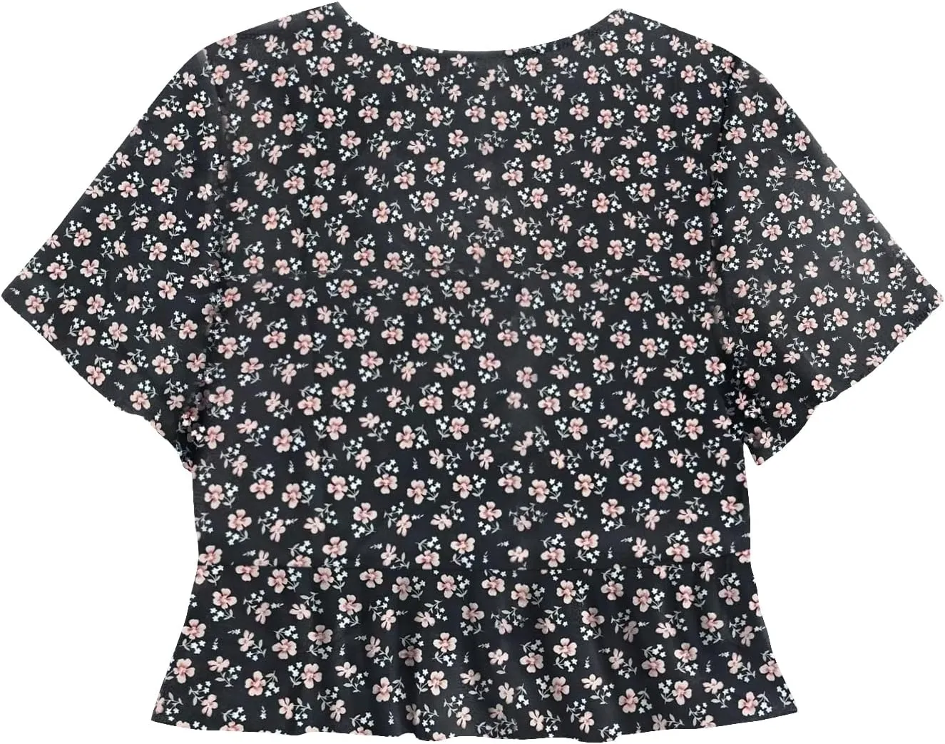 LYANER Women's Floral Print V Neck Tie Knot Ruffle Hem Short Sleeve Blouse Peplum Top