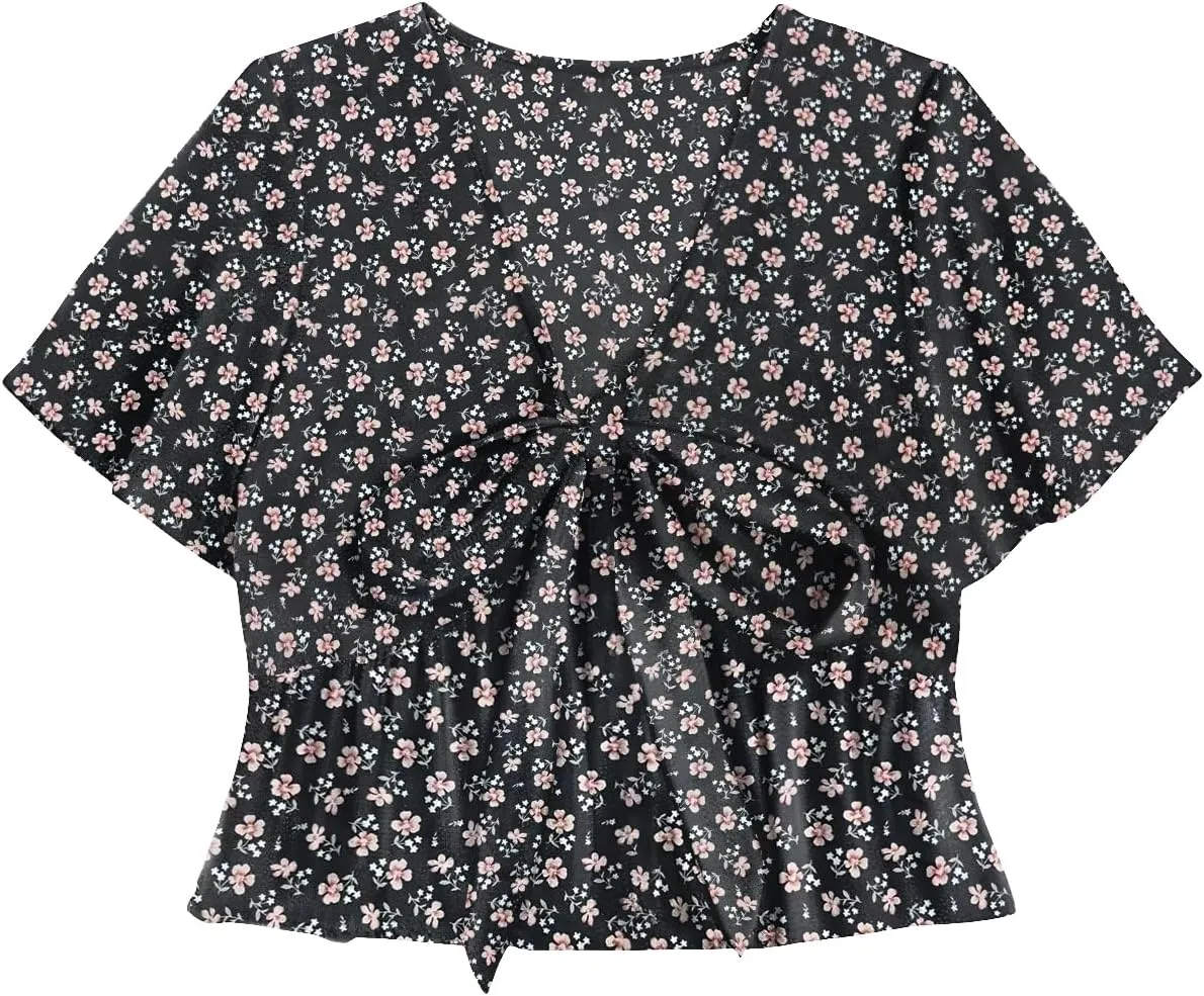 LYANER Women's Floral Print V Neck Tie Knot Ruffle Hem Short Sleeve Blouse Peplum Top