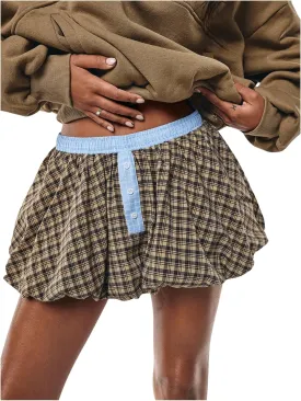 MakeMeChic Women's Plaid Bubble Skirts Elastic Waist Pleated A Line Y2K Mini Skirt Skorts