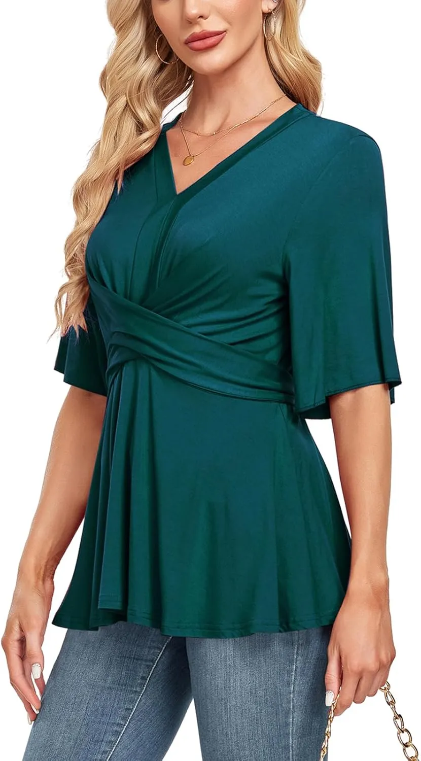 MINTLIMIT Womens Peplum Tops 2025 V Neck Ruffle Short Sleeve Tie Back Elegant Blouse Dressy Casual Work Shirts