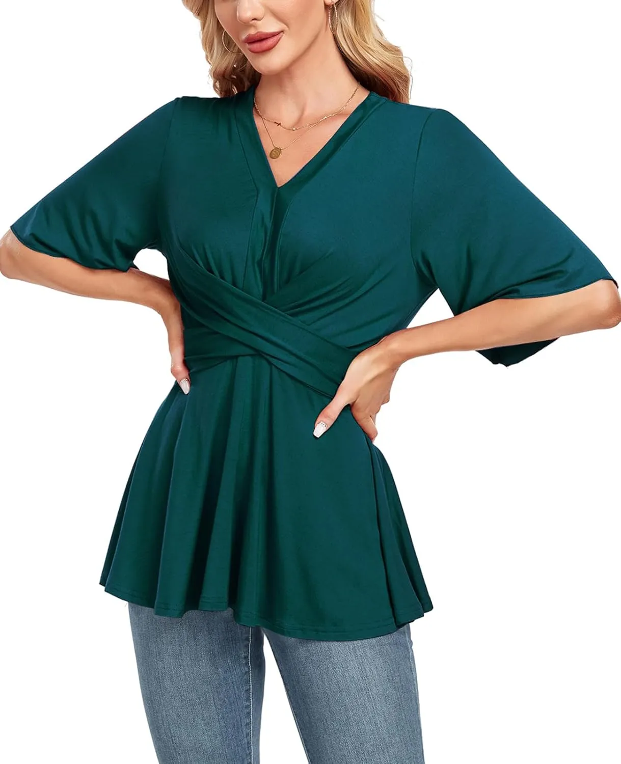 MINTLIMIT Womens Peplum Tops 2025 V Neck Ruffle Short Sleeve Tie Back Elegant Blouse Dressy Casual Work Shirts