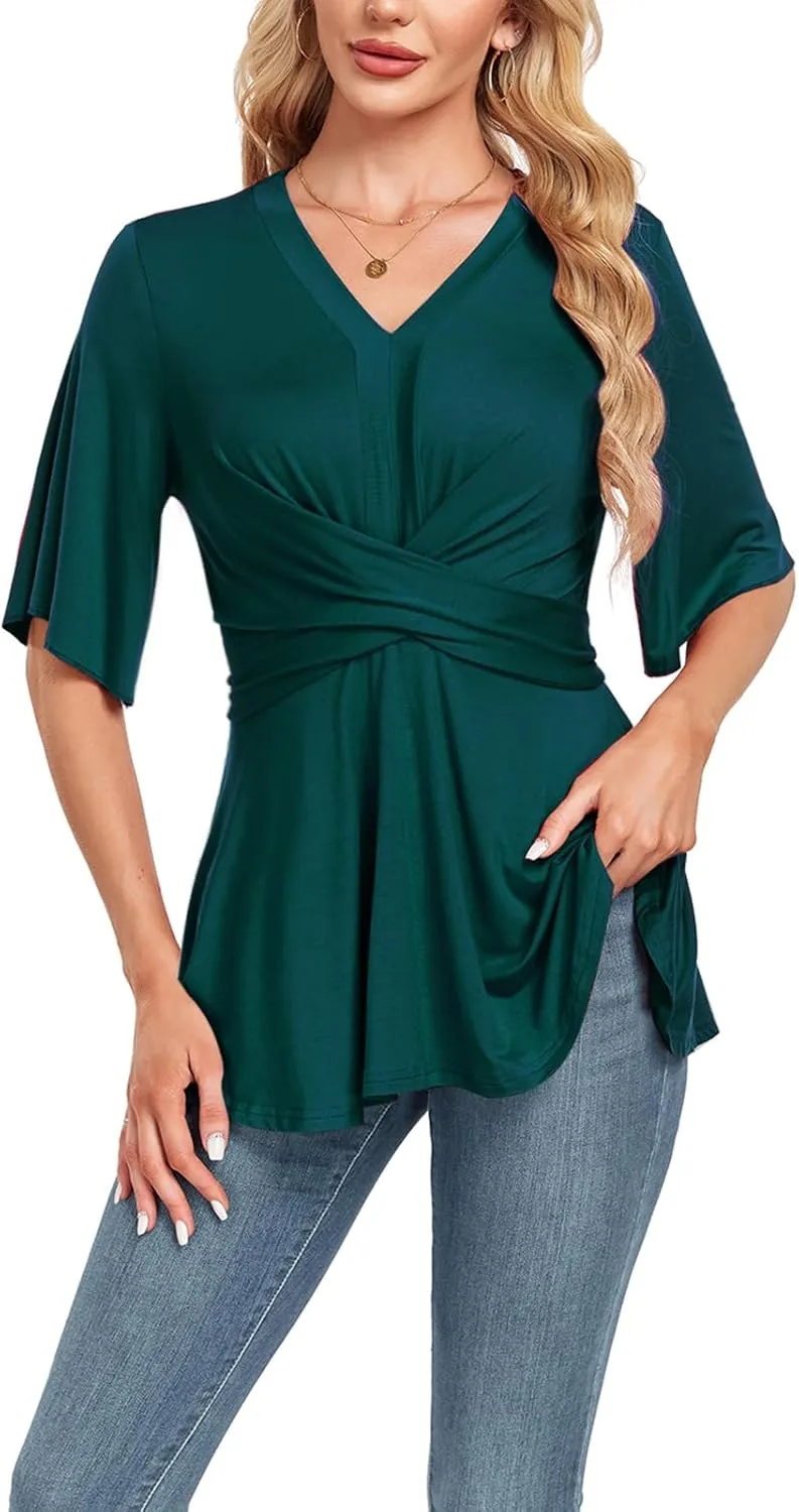 MINTLIMIT Womens Peplum Tops 2025 V Neck Ruffle Short Sleeve Tie Back Elegant Blouse Dressy Casual Work Shirts