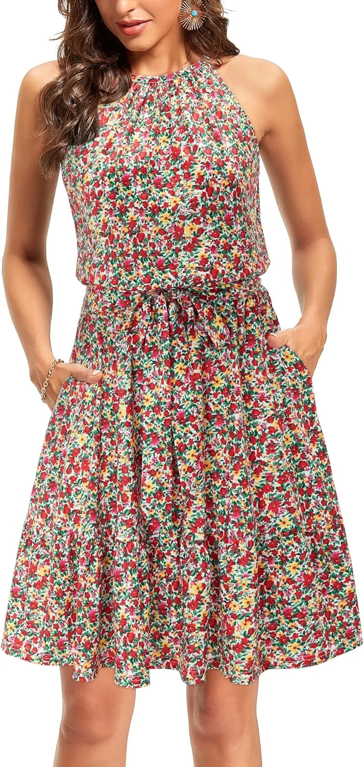 Newshows Womens 2025 Summer Dresses Halter Casual Beach Vacation Wedding Guest Belted Sundresses with Pockets