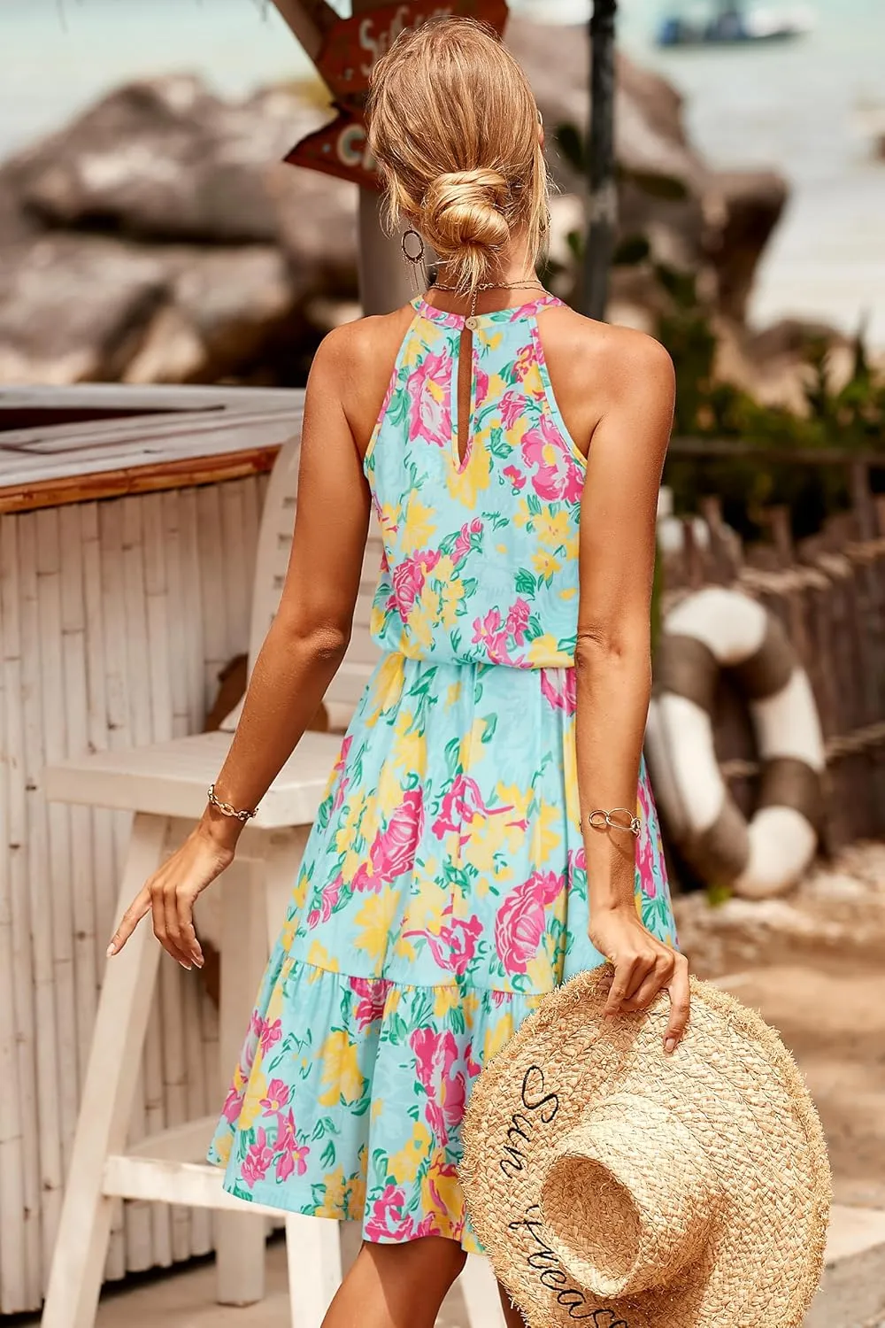Newshows Womens 2025 Summer Dresses Halter Casual Beach Vacation Wedding Guest Belted Sundresses with Pockets