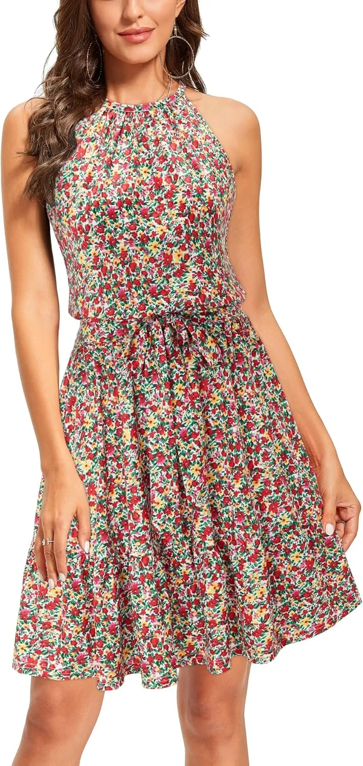 Newshows Womens 2025 Summer Dresses Halter Casual Beach Vacation Wedding Guest Belted Sundresses with Pockets