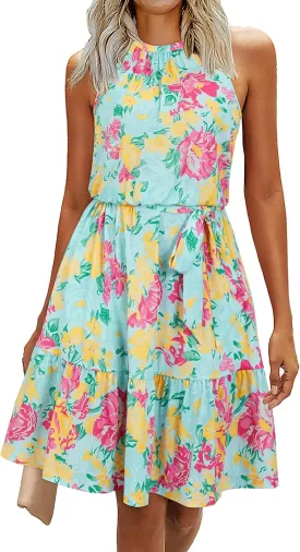Newshows Womens 2025 Summer Dresses Halter Casual Beach Vacation Wedding Guest Belted Sundresses with Pockets