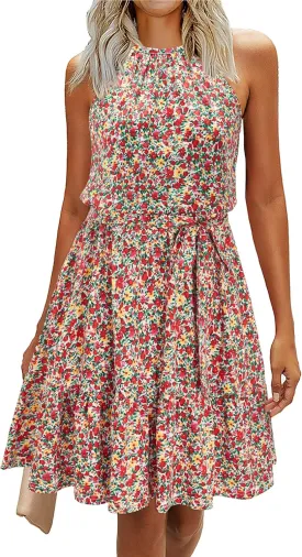 Newshows Womens 2025 Summer Dresses Halter Casual Beach Vacation Wedding Guest Belted Sundresses with Pockets