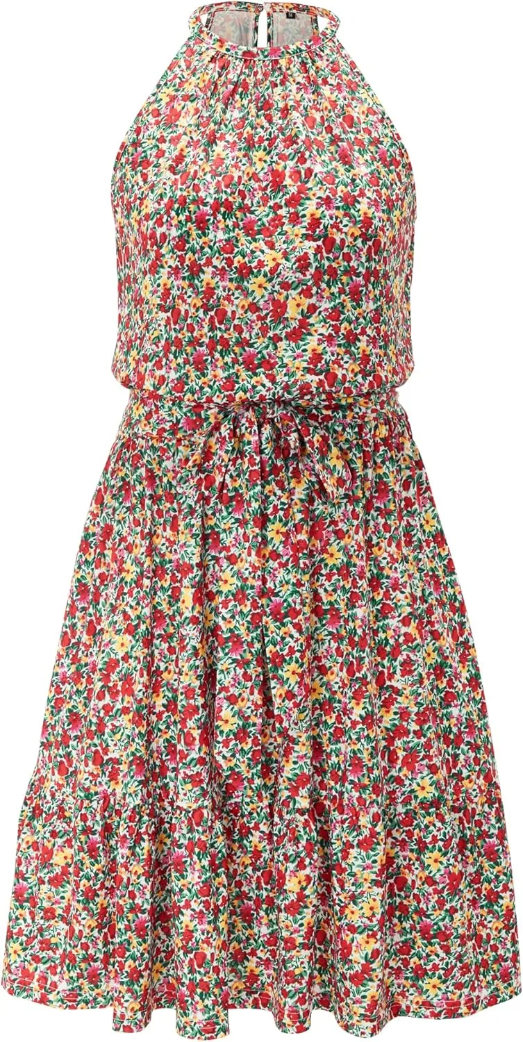 Newshows Womens 2025 Summer Dresses Halter Casual Beach Vacation Wedding Guest Belted Sundresses with Pockets
