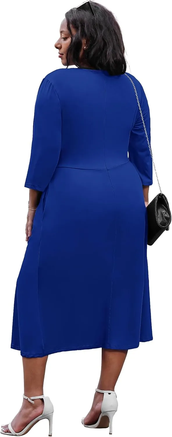 Nmoder Women's Plus Size Stretchy Flared Wrap Dress Casual Wedding Guest Midi Dresses V Neck 3/4 Sleeve A-Line Swing Dress