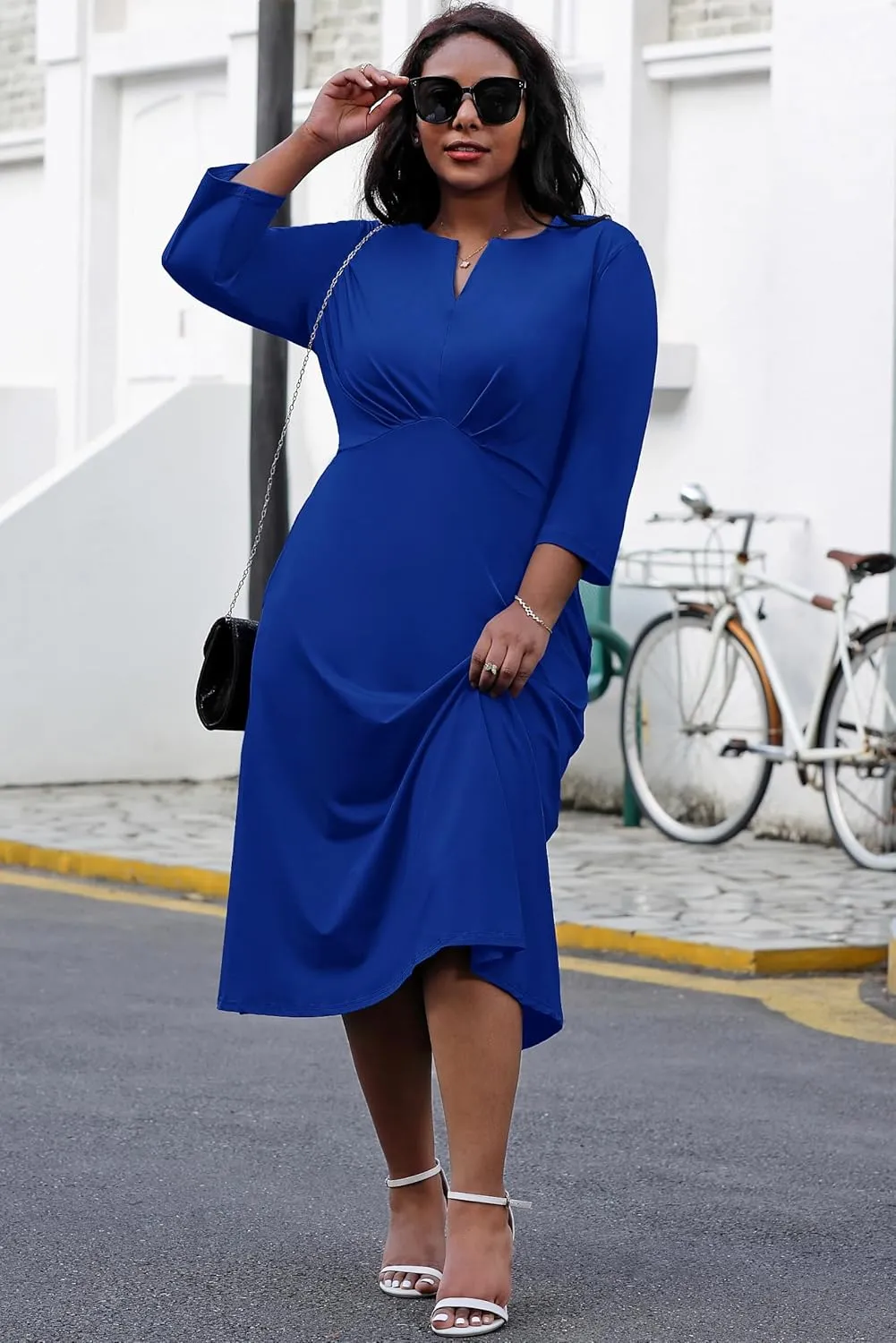 Nmoder Women's Plus Size Stretchy Flared Wrap Dress Casual Wedding Guest Midi Dresses V Neck 3/4 Sleeve A-Line Swing Dress