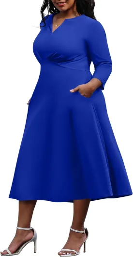 Nmoder Women's Plus Size Stretchy Flared Wrap Dress Casual Wedding Guest Midi Dresses V Neck 3/4 Sleeve A-Line Swing Dress