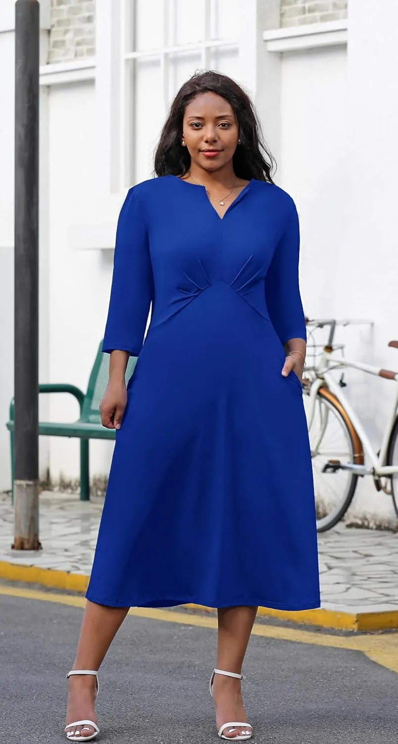 Nmoder Women's Plus Size Stretchy Flared Wrap Dress Casual Wedding Guest Midi Dresses V Neck 3/4 Sleeve A-Line Swing Dress