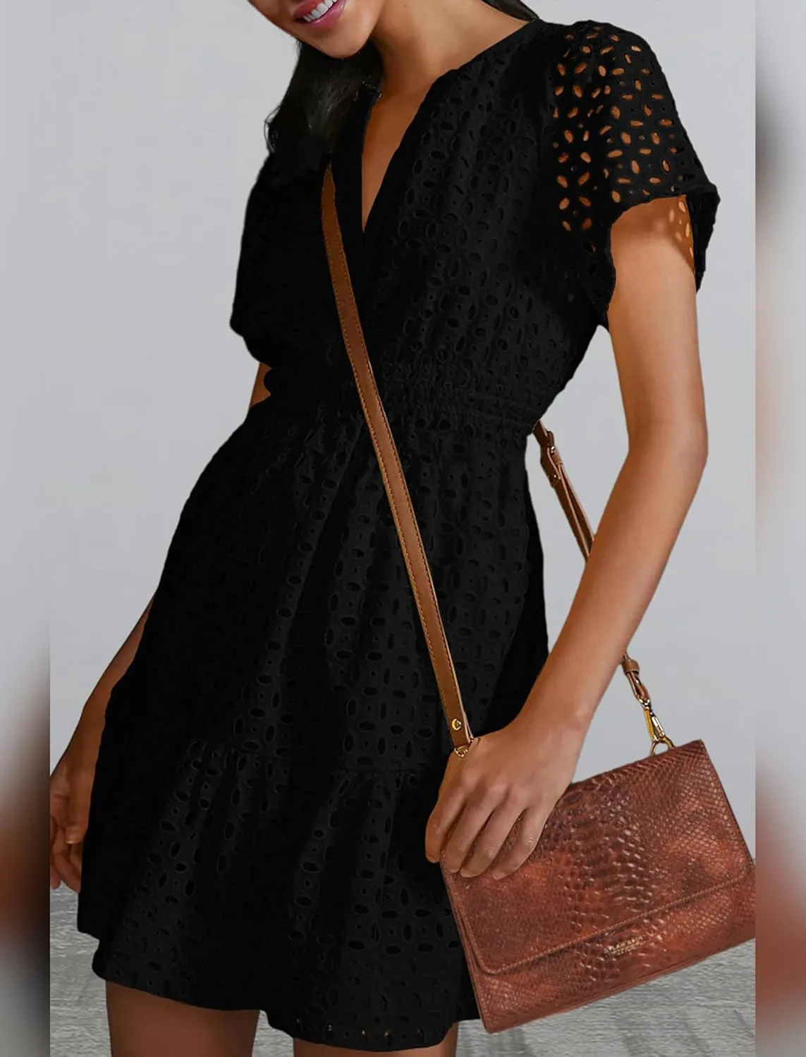 OBEEII Eyelet Dress for Women Summer V Neck Short Sleeve Dress A Line Hollow Out Lace Casual Beach Party Sundress Mini