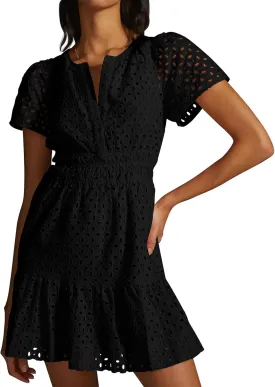 OBEEII Eyelet Dress for Women Summer V Neck Short Sleeve Dress A Line Hollow Out Lace Casual Beach Party Sundress Mini