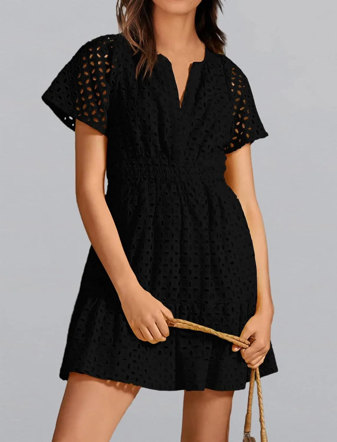 OBEEII Eyelet Dress for Women Summer V Neck Short Sleeve Dress A Line Hollow Out Lace Casual Beach Party Sundress Mini
