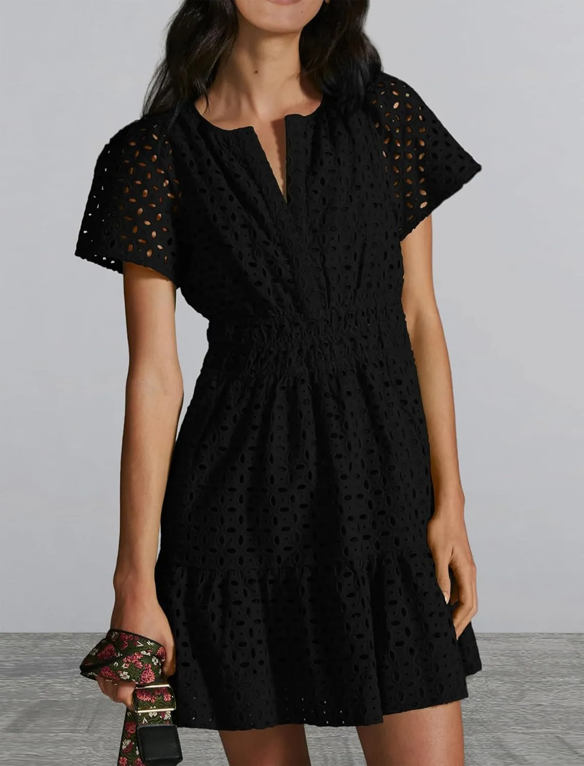 OBEEII Eyelet Dress for Women Summer V Neck Short Sleeve Dress A Line Hollow Out Lace Casual Beach Party Sundress Mini