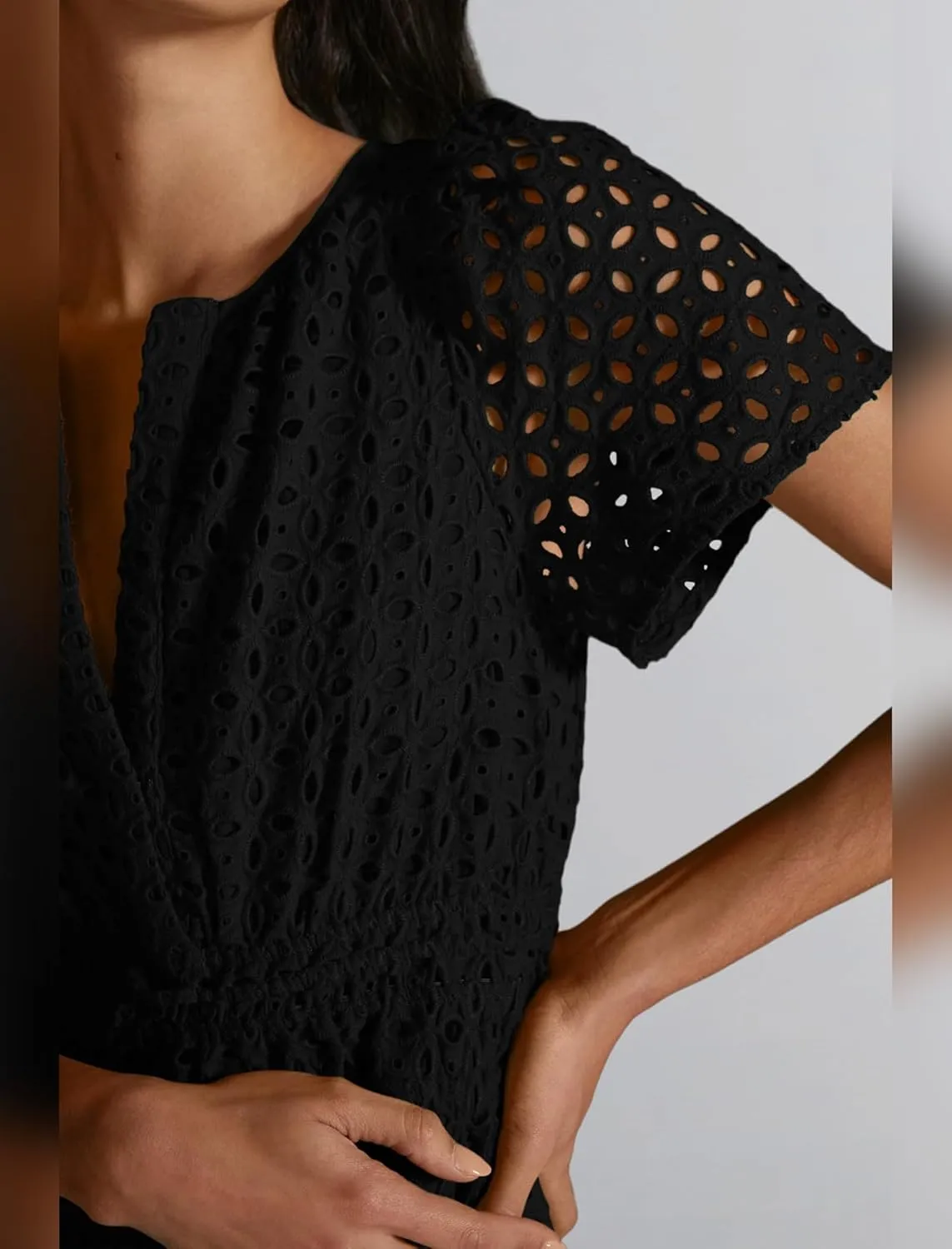 OBEEII Eyelet Dress for Women Summer V Neck Short Sleeve Dress A Line Hollow Out Lace Casual Beach Party Sundress Mini