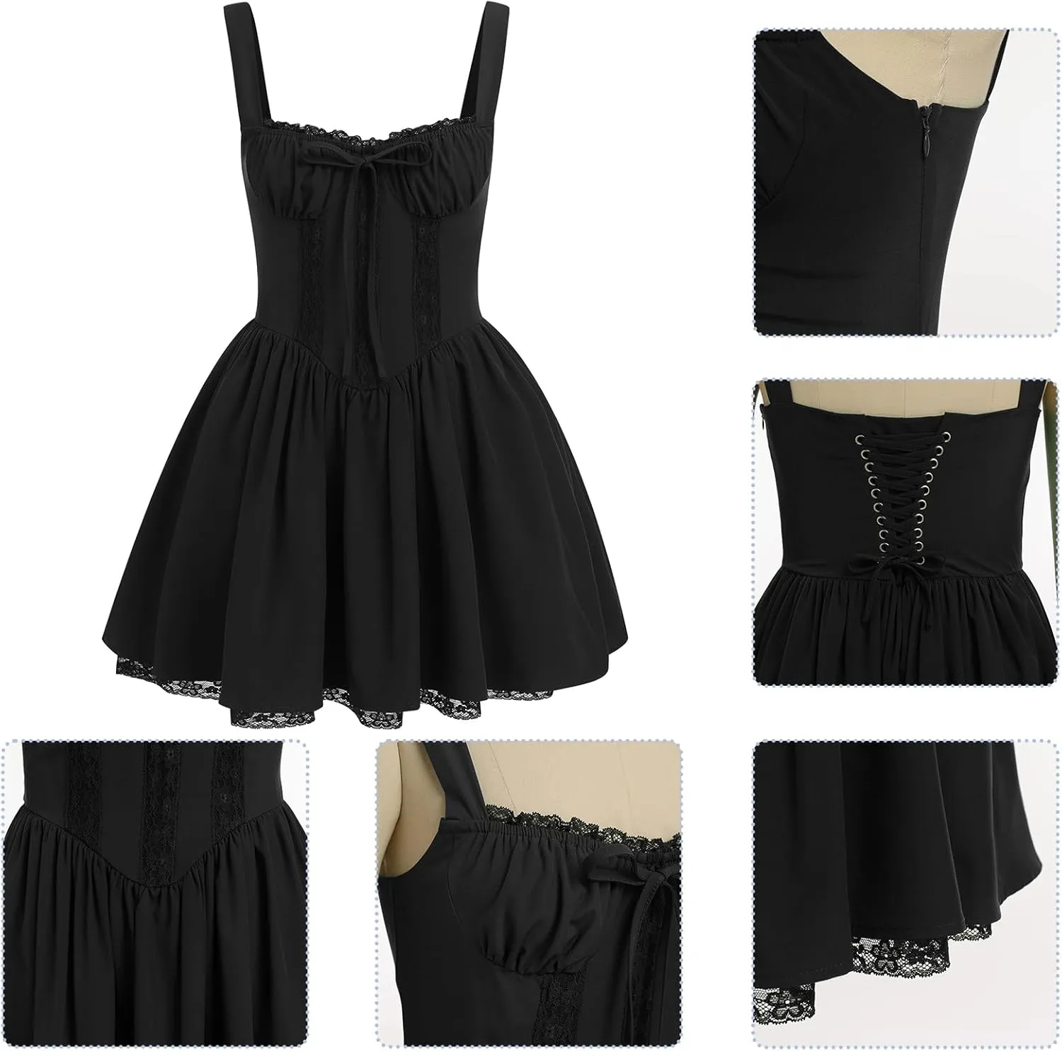 OBEEII Womens Corset Mini Dress Sexy Sleeveless Backless Low Cut Lace Short Dress Ruffle Summer Sundress
