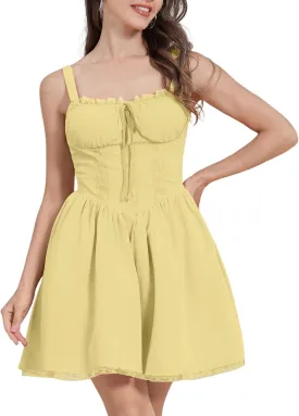 OBEEII Womens Corset Mini Dress Sexy Sleeveless Backless Low Cut Lace Short Dress Ruffle Summer Sundress