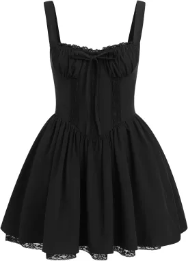 OBEEII Womens Corset Mini Dress Sexy Sleeveless Backless Low Cut Lace Short Dress Ruffle Summer Sundress