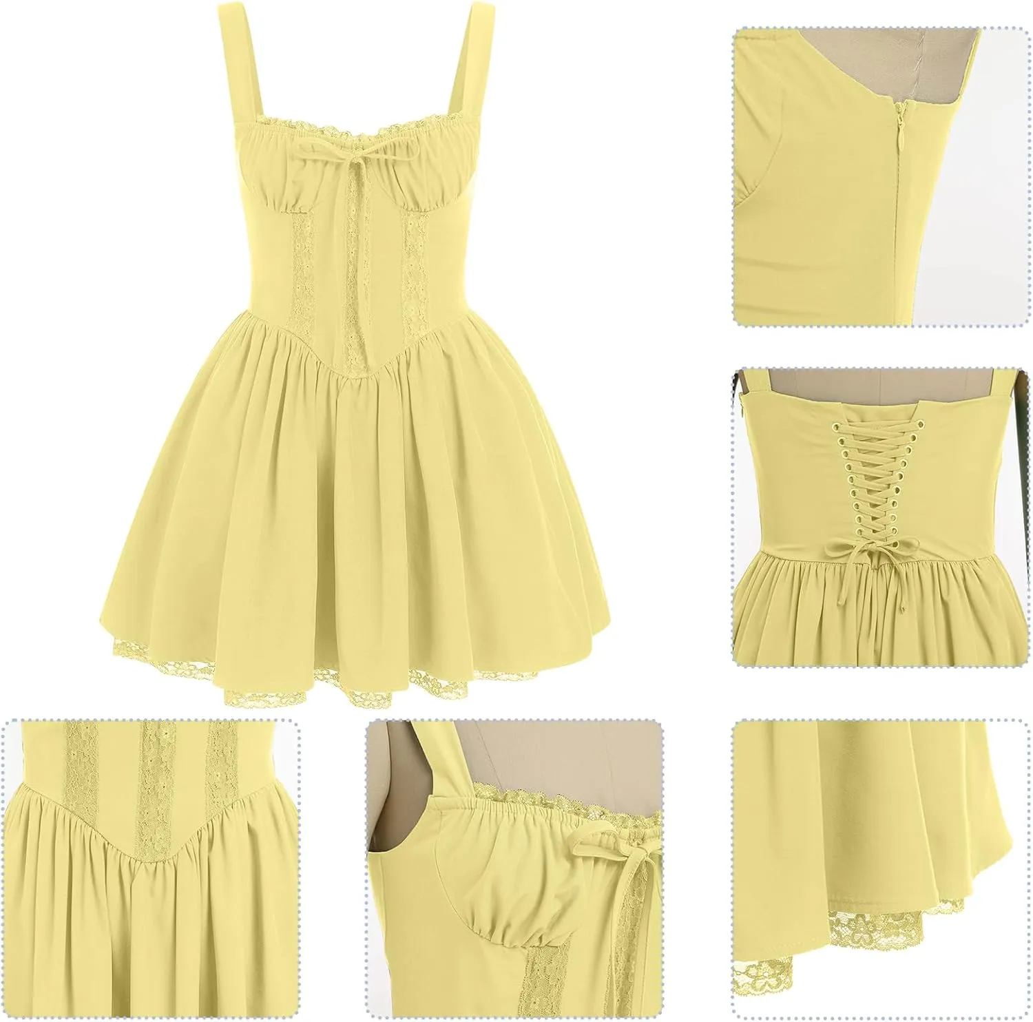 OBEEII Womens Corset Mini Dress Sexy Sleeveless Backless Low Cut Lace Short Dress Ruffle Summer Sundress
