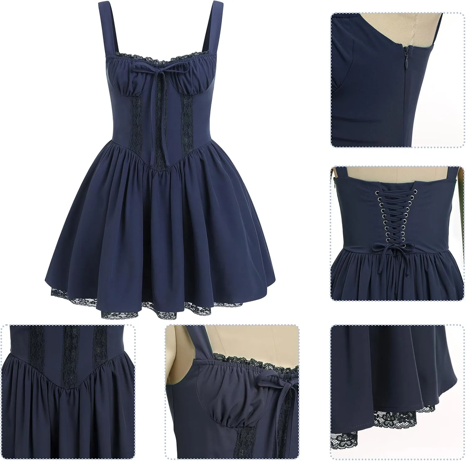 OBEEII Womens Corset Mini Dress Sexy Sleeveless Backless Low Cut Lace Short Dress Ruffle Summer Sundress