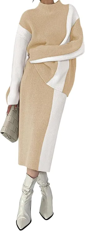 Pink Queen Women's 2 Piece Outfits 2024 Fall Winter Sweater Skirt Set Long Sleeve Oversized Top High Waist Color Block Dress