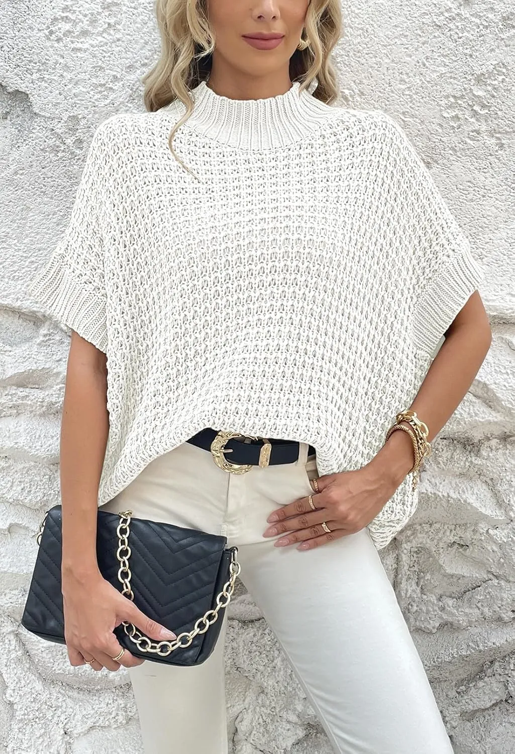 Pink Queen Women's Mock Neck Batwing Short Sleeve Loose Oversized Knit Pullover Sweater Jumper Tops