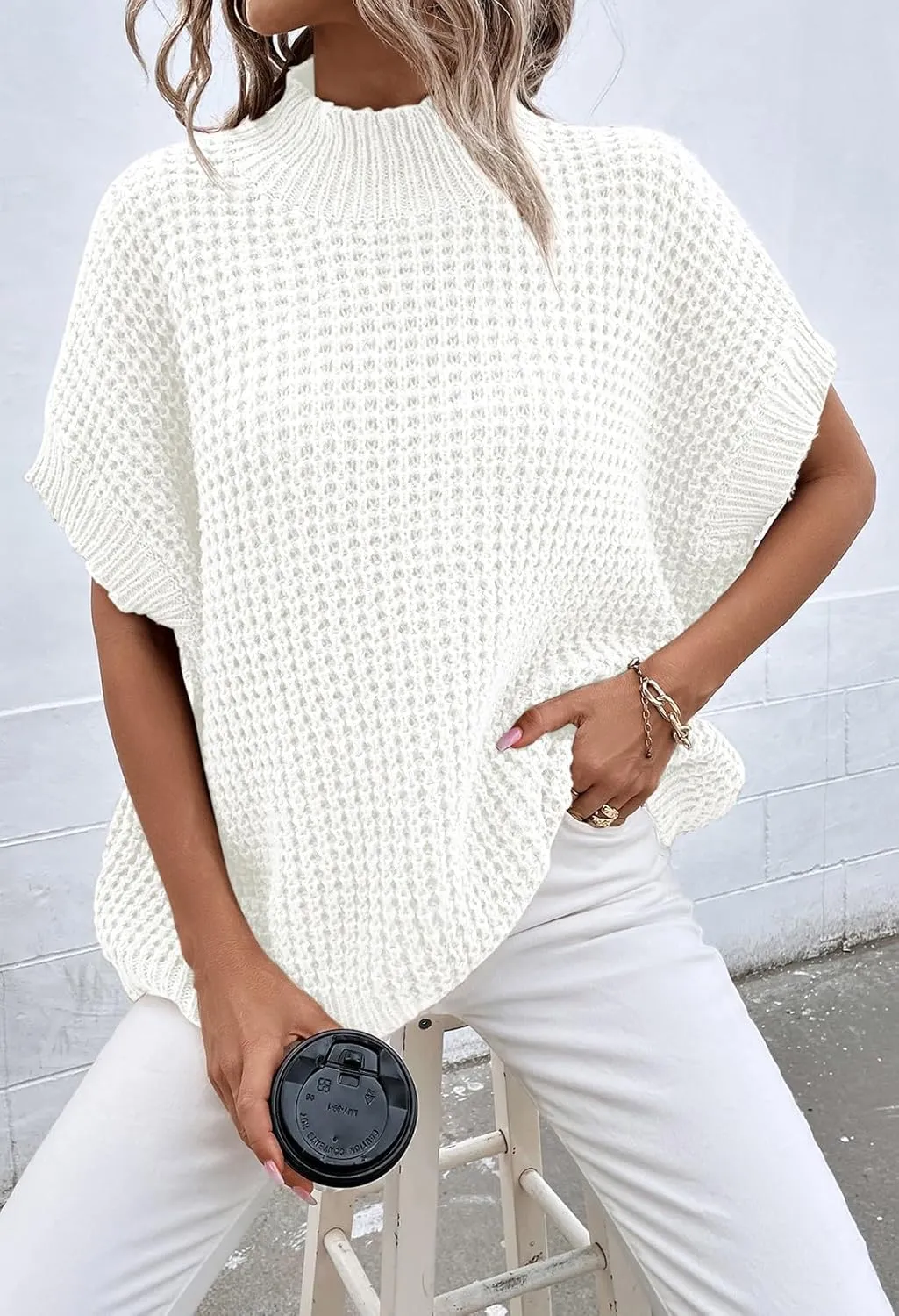 Pink Queen Women's Mock Neck Batwing Short Sleeve Loose Oversized Knit Pullover Sweater Jumper Tops