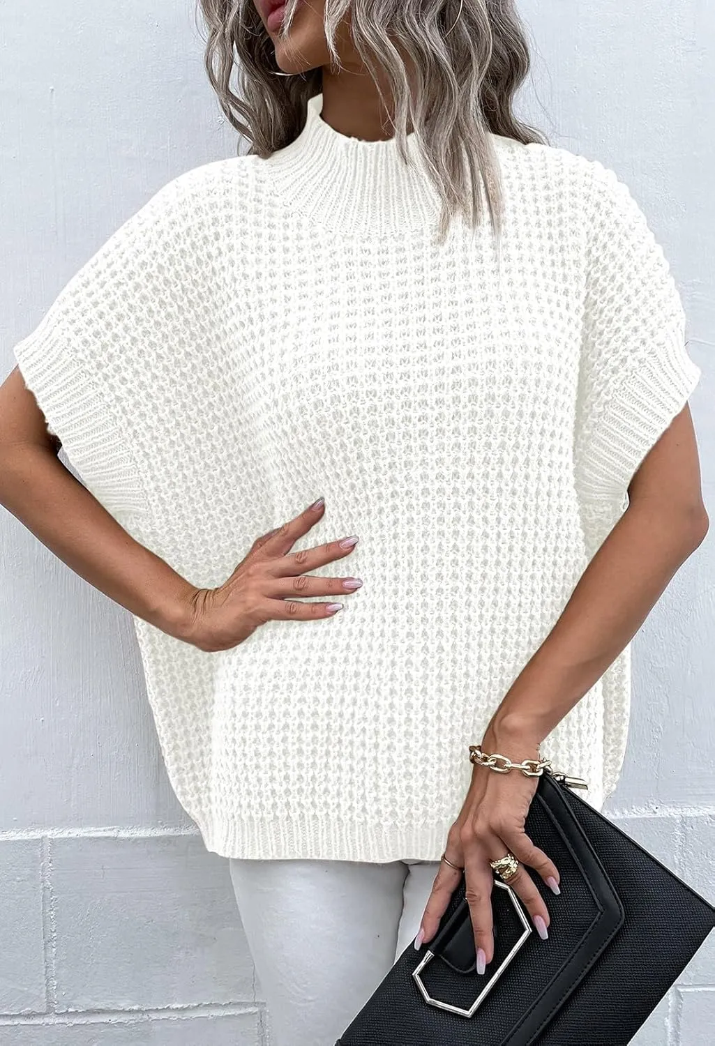 Pink Queen Women's Mock Neck Batwing Short Sleeve Loose Oversized Knit Pullover Sweater Jumper Tops