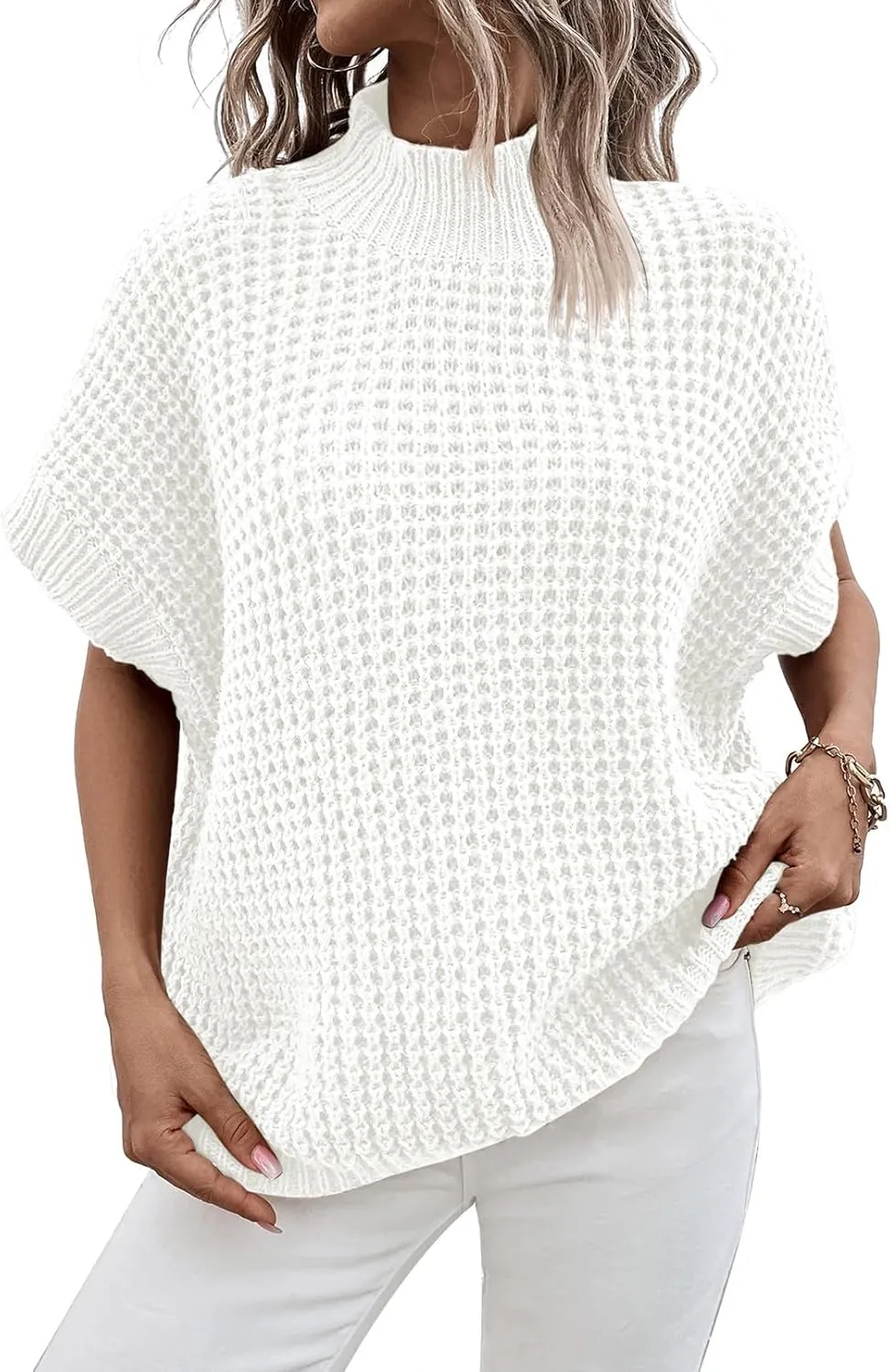 Pink Queen Women's Mock Neck Batwing Short Sleeve Loose Oversized Knit Pullover Sweater Jumper Tops