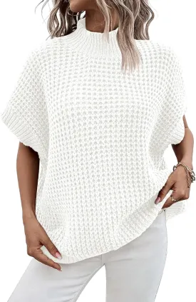 Pink Queen Women's Mock Neck Batwing Short Sleeve Loose Oversized Knit Pullover Sweater Jumper Tops