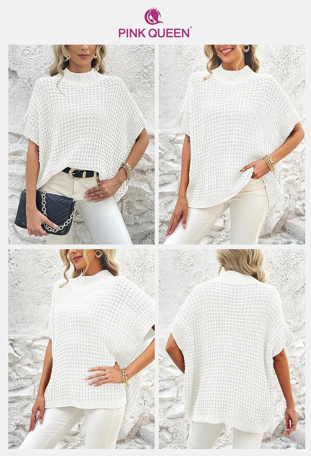 Pink Queen Women's Mock Neck Batwing Short Sleeve Loose Oversized Knit Pullover Sweater Jumper Tops