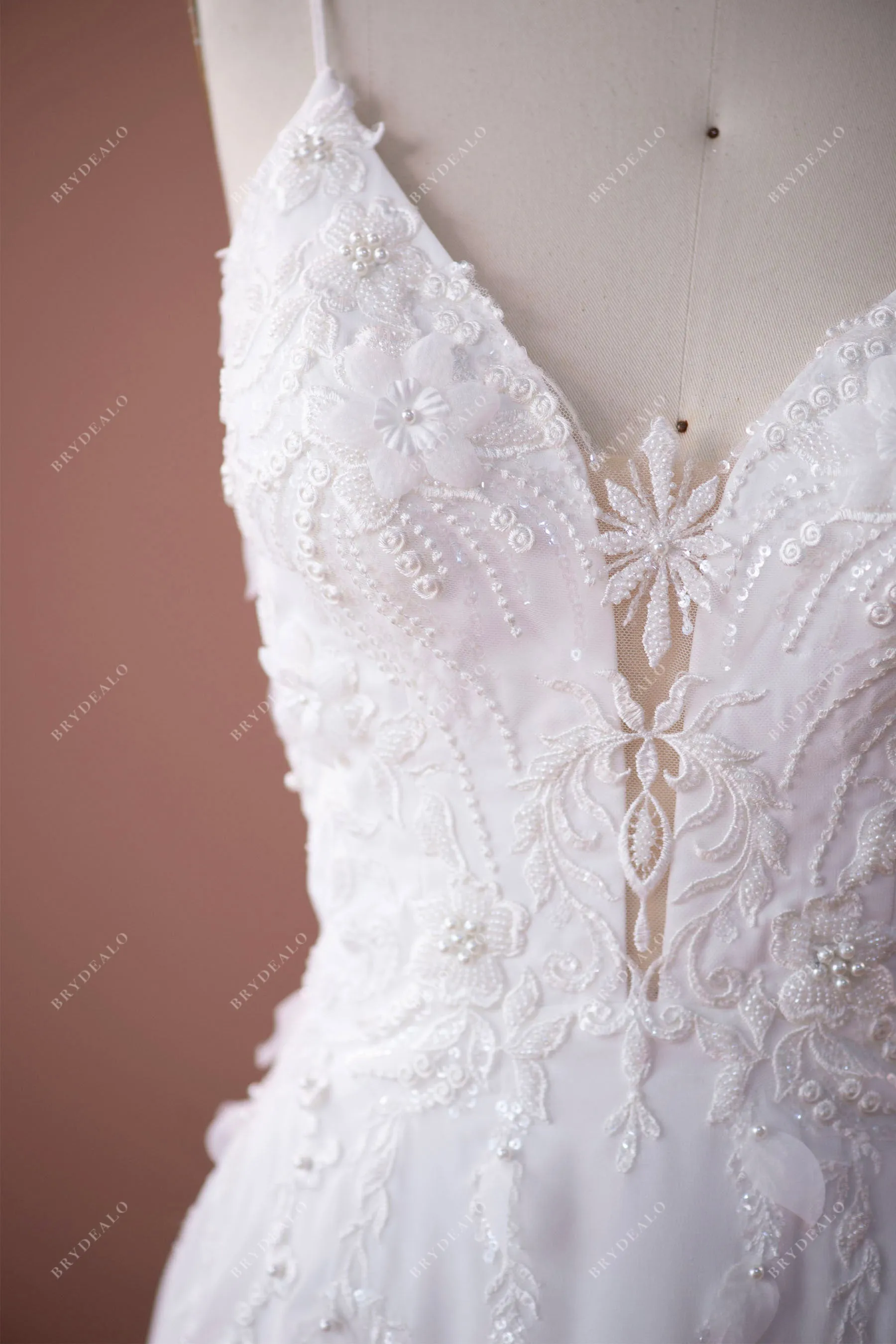 Plunging Neck Designer Hollow Train 3D Flower Lace Boho Wedding Dress