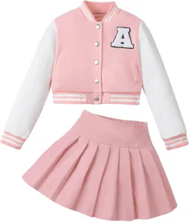 Preppy Clothes for Girls Baseball Jacket Skirt Set Button Front Patched Sweatshirt Pleated Skirts 2 Piece Outfits