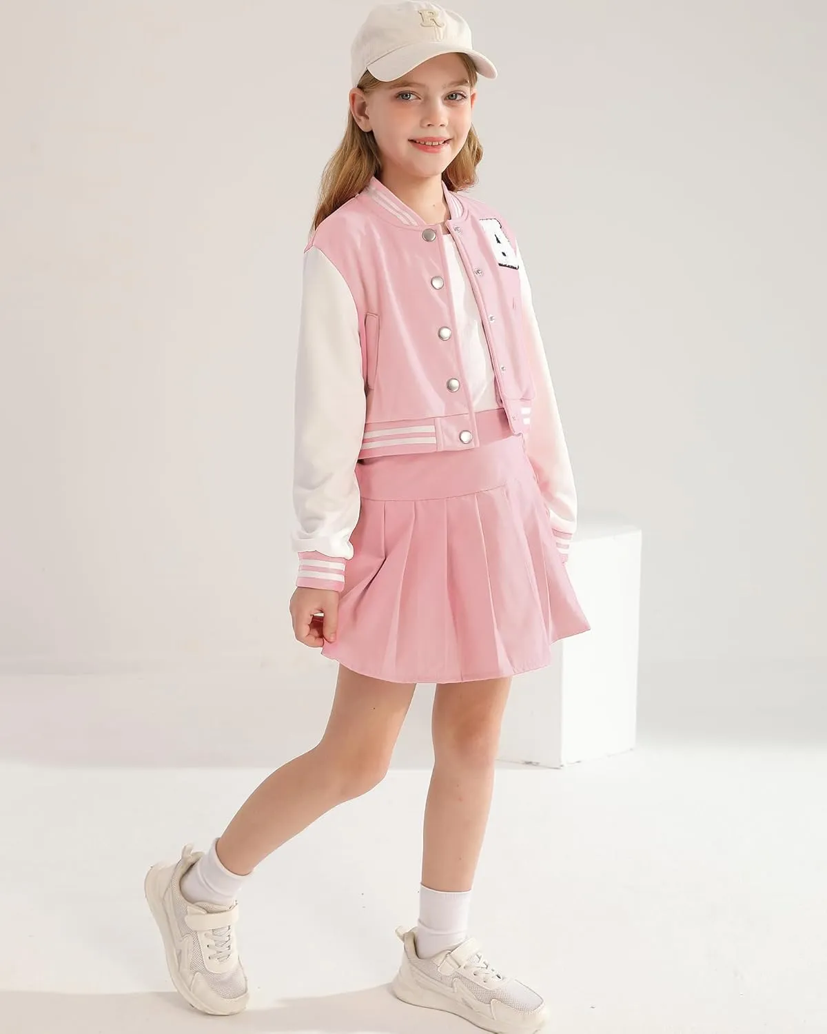 Preppy Clothes for Girls Baseball Jacket Skirt Set Button Front Patched Sweatshirt Pleated Skirts 2 Piece Outfits