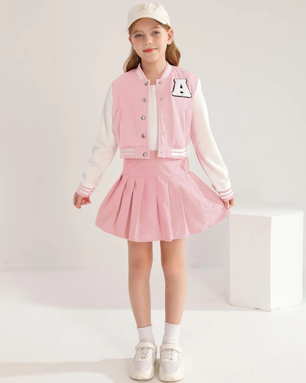 Preppy Clothes for Girls Baseball Jacket Skirt Set Button Front Patched Sweatshirt Pleated Skirts 2 Piece Outfits