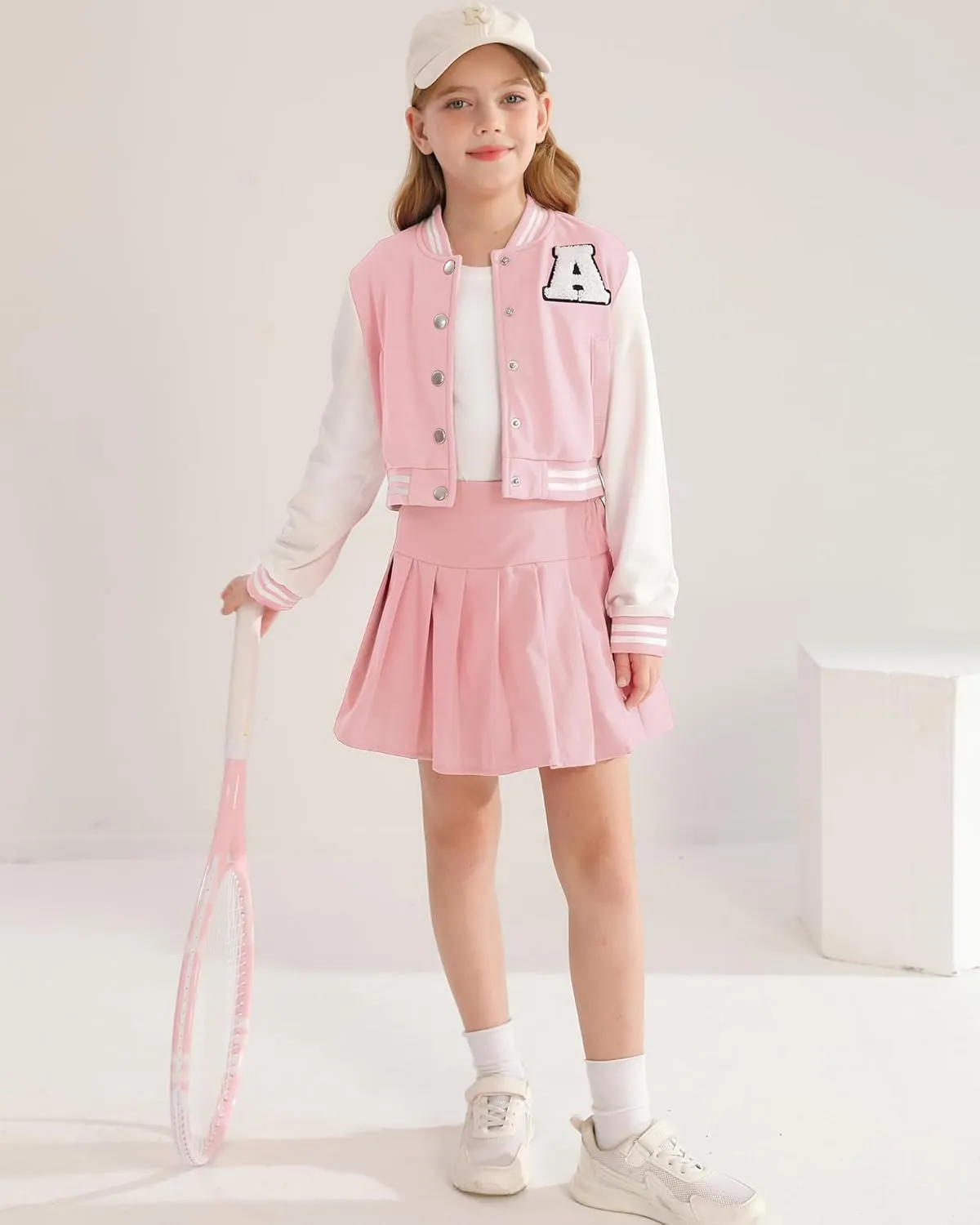Preppy Clothes for Girls Baseball Jacket Skirt Set Button Front Patched Sweatshirt Pleated Skirts 2 Piece Outfits
