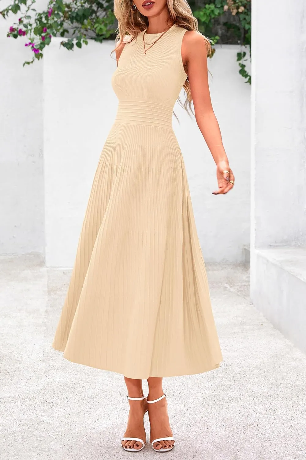 PRETTYGARDEN Spring Casual Dresses for Women 2025 Summer Business Work Midi Sleeveless A Line Pleated Cocktail Dress
