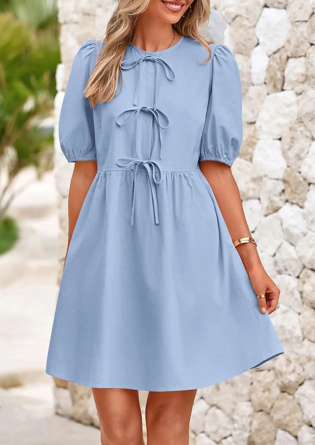 PRETTYGARDEN Womens 2025 Summer Casual Short Sleeve Dresses A Line Bow Tie Front Babydoll Loose Cute Mini Dress with Pockets