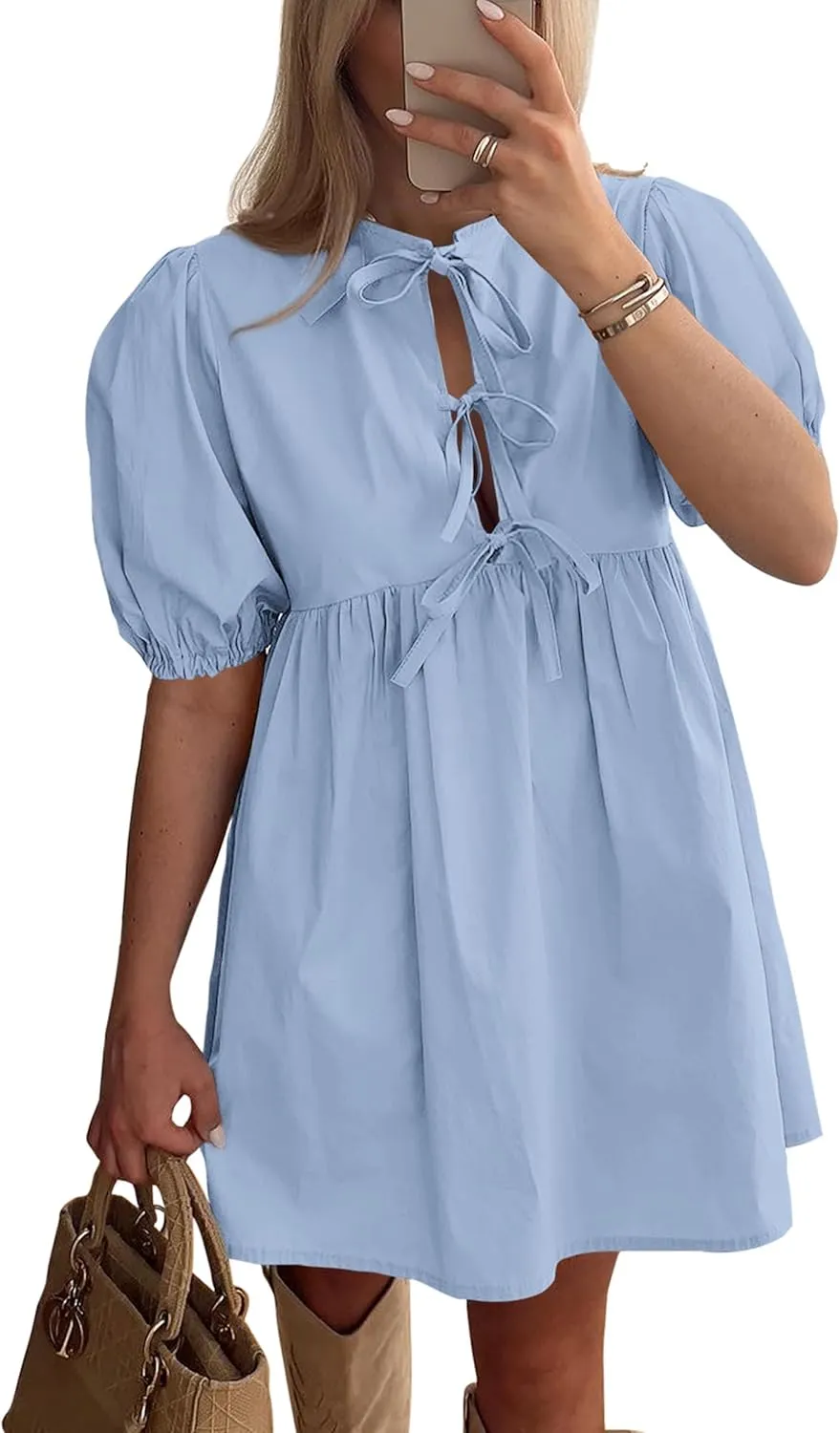 PRETTYGARDEN Womens 2025 Summer Casual Short Sleeve Dresses A Line Bow Tie Front Babydoll Loose Cute Mini Dress with Pockets